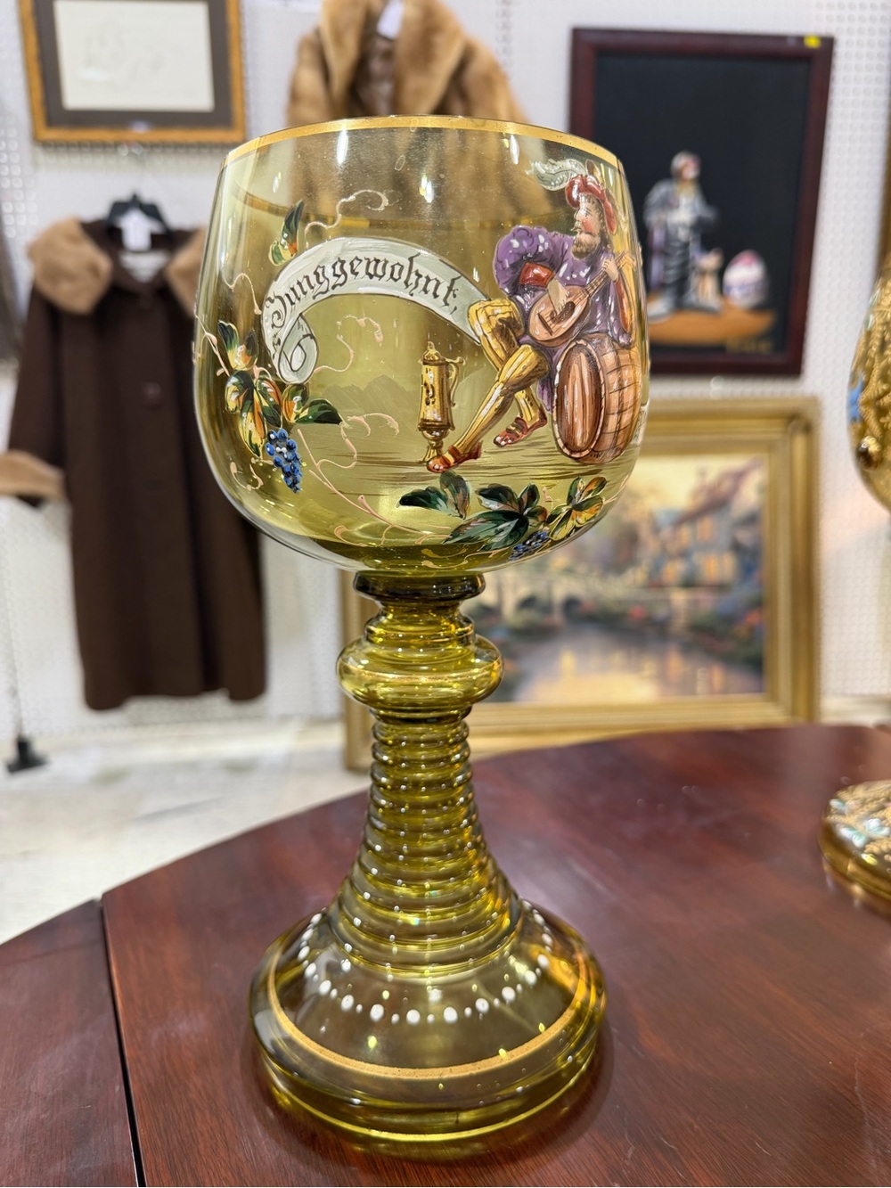 Rare Antique Large Roemer LION Green Handblown Glass German Enamel 11.5” Goblet
